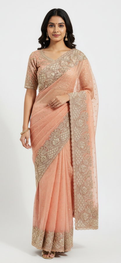 Woman wearing a peach saree with gold embroidery on a white background