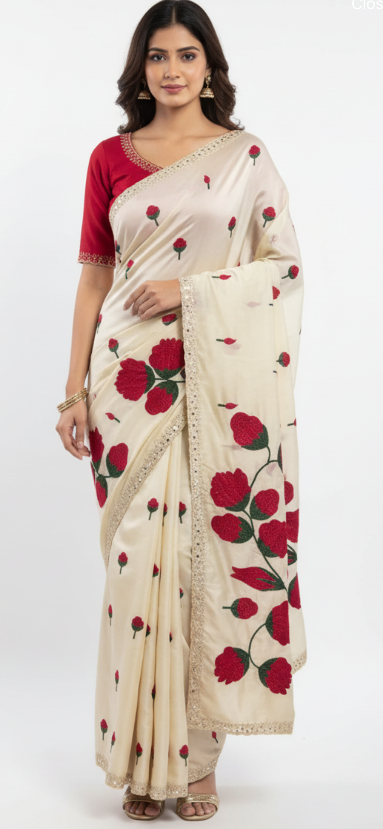 Woman wearing a cream saree with red floral patterns on a white background